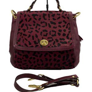 Coach Park Hair Calf turn Lock Flap Satchel in Leopard Oxblood Burgundy  F24986